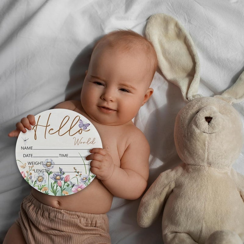 CLHHM Hello World Butterfly Theme Baby Name Sign Birth Announcement Plaque with Name Date Weight 6" Round Birch Wood Nursery Decor Newborn Hospital Keepsake Gift for Parents - Image 3